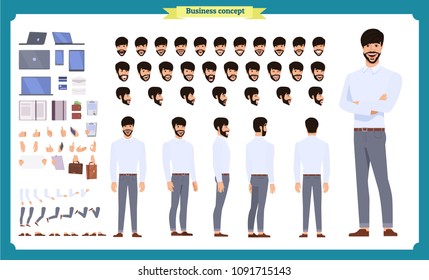 People character business set. Front, side, back view animated character.   Standing Businessman character in shirt and pants face emotions, poses, gestures,running.Cartoon style, flat isolated vector