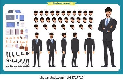 People character business set. Front, side, back view animated character. Businessman character creation set.simple, sketch, face emotions, poses and gestures.Cartoon style, flat isolated vector