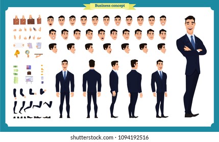 People character business set. Front, side, back view animated character. Businessman character creation set.simple, sketch, face emotions, poses and gestures.Cartoon style, flat isolated vector