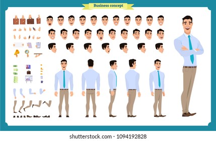 People character business set. Front, side, back view animated character.   Standing Businessman character in shirt and pants face emotions, poses, gestures,running.Cartoon style, flat isolated vector