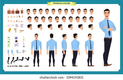 People Character Business Set. Front, Side, Back View Animated Character.   Standing Businessman Character In Shirt And Pants Face Emotions, Poses, Gestures,running.Cartoon Style, Flat Isolated Vector