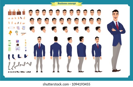 People character business set. Front, side, back view animated character.   Businessman character creation set with various views, face emotions, poses and gestures.Cartoon style, flat isolated vector