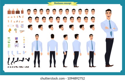 People Character Business Set. Front, Side, Back View Animated Character.   Standing Businessman Character In Shirt And Pants Face Emotions, Poses, Gestures,running.Cartoon Style, Flat Isolated Vector