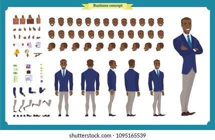 People character business set. Front, side, back view animated character. Black american Businessman character creation set.simple, face emotions, poses and gestures.Cartoon style,flat isolated vector