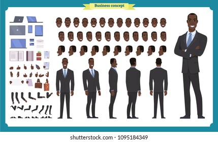 People character business set. Front, side, back view animated character. Black american Businessman character creation set.simple, face emotions, poses and gestures.Cartoon style,flat isolated vector