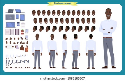 People character business set. Front, side, back view animated character.   Standing black american Businessman character in shirt and pants face emotions, poses. Cartoon style, flat isolated vector