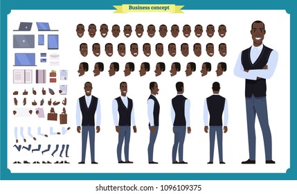 People character business set. Front, side, back view animated character. Black american Businessman character creation set.simple, face emotions, poses and gestures.Cartoon style,flat isolated vector