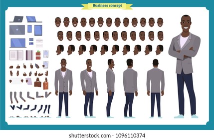 People character business set. Front, side, back view animated character. Black american Businessman character creation set.simple, face emotions, poses and gestures.Cartoon style,flat isolated vector