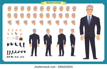 People character business set. Front, side, back view animated character.   Businessman character creation set with various views, face emotions, poses and gestures.Cartoon style, flat isolated vector