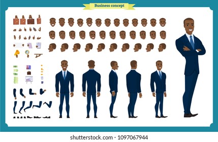 People character business set. Front, side, back view animated character. Black american Businessman character creation set.simple, face emotions, poses and gestures.Cartoon style,flat isolated vector