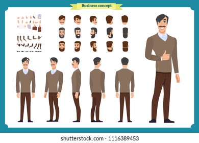 People character business set. Front, side, back view animated character.   Businessman character creation set with various views, face emotions, poses and gestures.Cartoon style, flat isolated vector