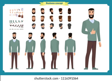 People character business set. Front, side, back view animated character.   male teacher creation set with various views, face emotions, poses and gestures.Cartoon style, flat isolated vector.