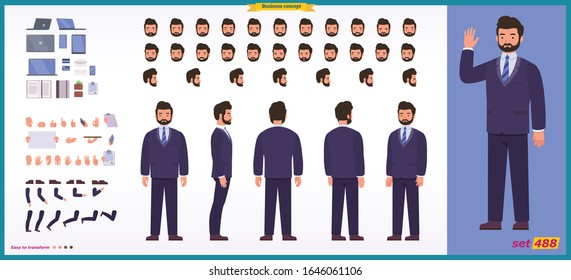 People character business set. Front, side, back view animated character.   Businessman character creation set with various views, face emotions, poses and gestures.Cartoon style, flat isolated vector