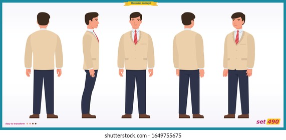 People character business set. Front, side, back view animated character.   Businessman character creation set with various views, face emotions, poses and gestures.Cartoon style, flat isolated vector