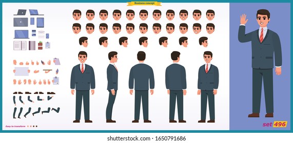 People character business set. Front, side, back view animated character.   Businessman character creation set with various views, face emotions, poses and gestures.Cartoon style, flat isolated vector