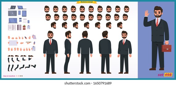 People character business set. Front, side, back view animated character.   Businessman character creation set with various views, face emotions, poses and gestures.Cartoon style, flat isolated vector