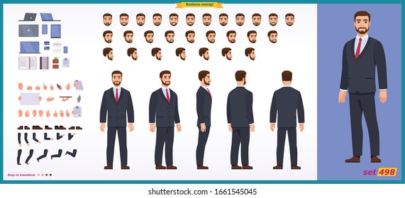 People character business set. Front, side, back view animated character.   Businessman character creation set with various views, face emotions, poses and gestures.Cartoon style, flat isolated vector