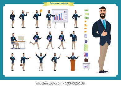People character business set.Young businessman in formal wear.Different poses and emotions, running, standing, sitting, walking, happy, angry. Full length, front, rear view against white background.