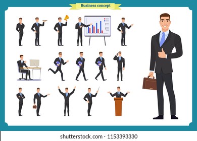 People character business set.Young businessman in formal wear.Different poses and emotions, running, standing, sitting, walking, happy, angry. Full length, front, rear view against white background.
