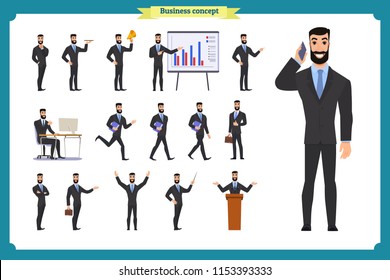 People character business set.Young businessman in formal wear.Different poses and emotions, running, standing, sitting, walking, happy, angry. Full length, front, rear view against white background.