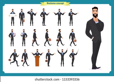 People character business set.Young businessman in formal wear.Different poses and emotions, running, standing, sitting, walking, happy, angry. Full length, front, rear view against white background.