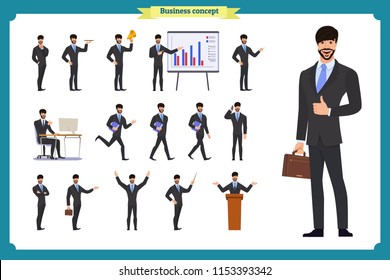 People character business set.Young businessman in formal wear.Different poses and emotions, running, standing, sitting, walking, happy, angry. Full length, front, rear view against white background.