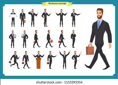 People character business set.Young businessman in formal wear.Different poses and emotions, running, standing, sitting, walking, happy, angry. Full length, front, rear view against white background.