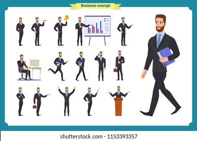 People character business set.Young businessman in formal wear.Different poses and emotions, running, standing, sitting, walking, happy, angry. Full length, front, rear view against white background.