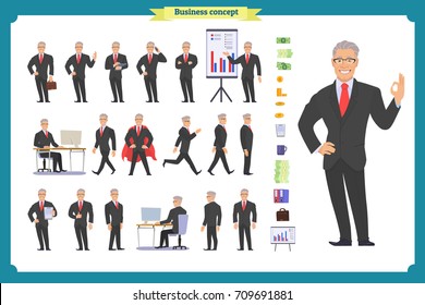 People character business set.Young businessman in formal wear.Different poses and emotions, running, standing, sitting, walking, happy, angry. Full length, front, rear view against white background.