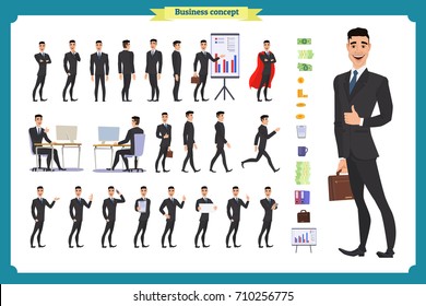 People character business set.Young businessman in formal wear.Different poses and emotions, running, standing, sitting, walking, happy, angry. Full length, front, rear view against white background.