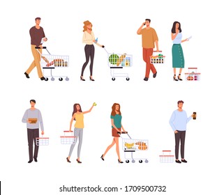 People character buying food in supermarket isolated set. Vector graphic design concept