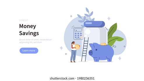 People Character Calculating, Collecting And Putting Coins In Donation Jar And Piggy Bank. Financial Management, Money  Savings And Tax Accounting Concept. Flat Cartoon Vector Illustration.