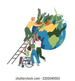 Personajes preocupados por el planeta con una imagen de vectores de ecosistemas en el planeta de la tierra cerca de la Tierra
