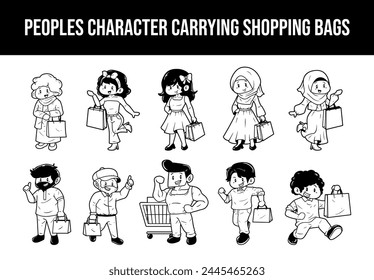 People character carrying shopping bags vector outline sketch illustration set
