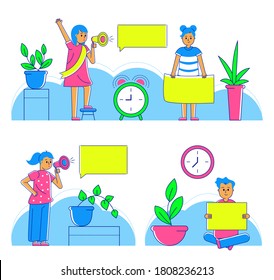 People character cartoon set at home, vector illustration. Woman girl boy with flat speech bubble concept, couple lifestyle. Female male together, time to talk inside banner design.