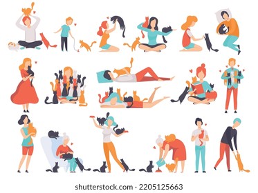 People Character Cat Lover Hugging, Playing and Caring About Their Fluffy Pet Vector Set