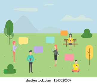 People character chatting on mobile phone in the park background. People vector illustration flat design.