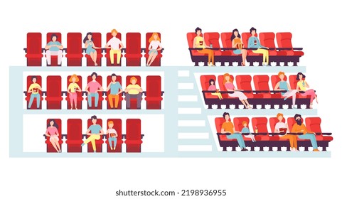 People Character In Cinema Theatre Sitting in Red Chairs with Popcorn Watching Movie Vector Set