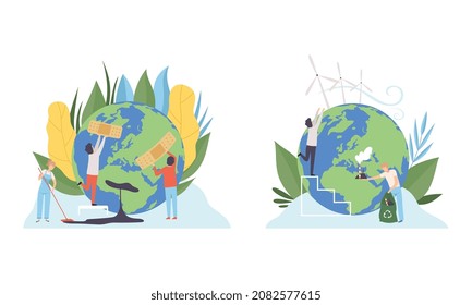 People Character Cleaning Earth Planet Taking Away Industrial Plant and Sticking Plaster Care of Ecology and Environment Vector Illustration Set