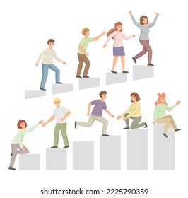 People Character Climbing Up to the Goal Helping Each Other Vector Set