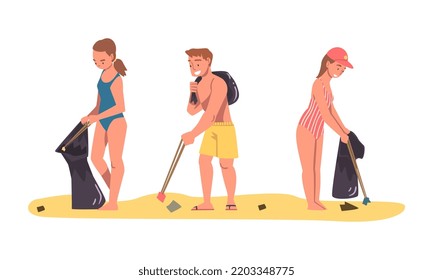 People Character Collecting Trash and Gathering Garbage from Beach Vector Set