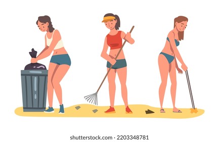 People Character Collecting Trash and Gathering Garbage from Beach Vector Set