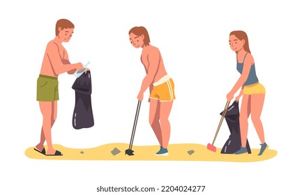 People Character Collecting Trash and Gathering Garbage from Beach Vector Set
