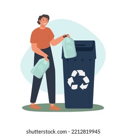 People character collects plastic garbage in a trash can. Woman take out the trash. Concept of plastic pollution problem. Flat vector illustration.