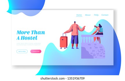 People Character Communicate Outside Hostel Veranda Talking Drink Coffee Landing Page. International Economy Travel Hotel Concept Website or Web Page. Flat Cartoon Vector Illustration