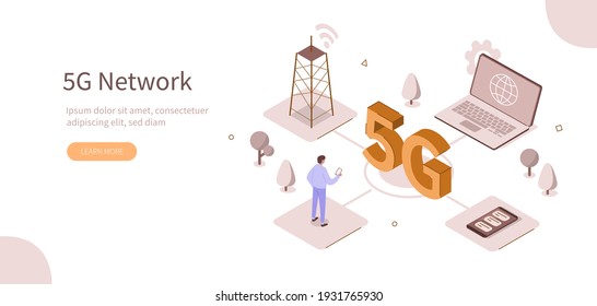 People Character Connecting Devices with New Generation 5g Technology Network. High-speed Mobile Internet and Internet of Things Concept. Flat Isometric Vector Illustration.