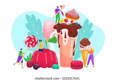People character cook cartoon dessert, vector illustration. Flat girl boy near huge sweet food concept, happy tiny person have fun together.