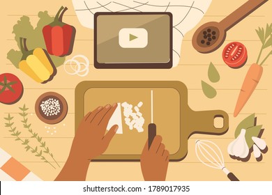 People Character Cooking and Watching Online Recipe on Tablet. Cutting Board Vegetables, Spices and other Cooking Ingredients. Healthy Food Preparation Concept. Flat Cartoon Vector Illustration.
