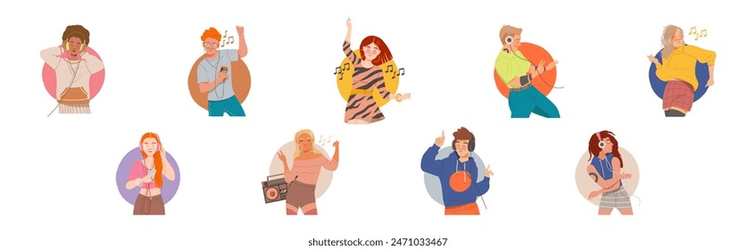 People Character Dance to Music Enjoy Audio Track Vector Set