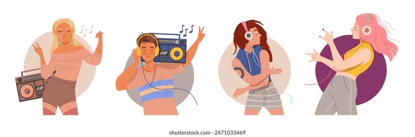 People Character Dance to Music Enjoy Audio Track Vector Set